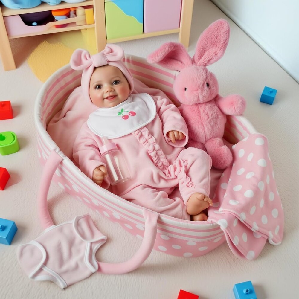 💫 Reborn Baby Doll Pink Accessories Set - 8 Pcs Clothes Bassinet Play Kit Kids